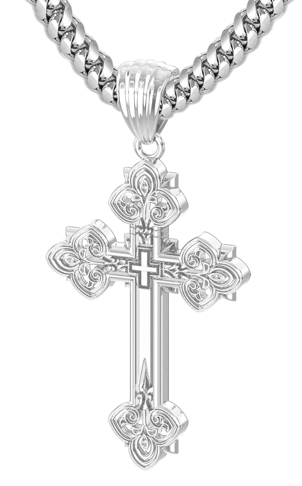 Men's 925 Sterling Silver High Polished Fleur-De-Lis Cross Pendant Necklace, 37mm