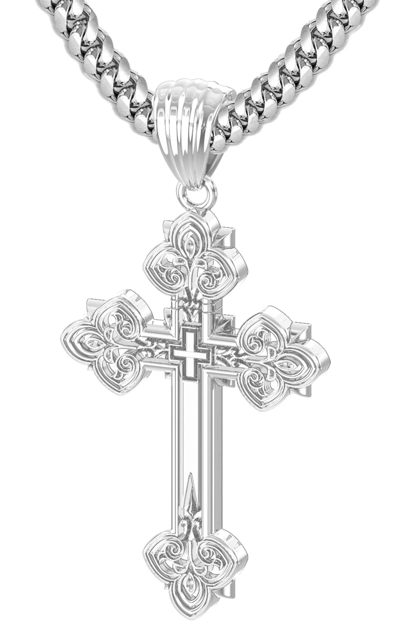 Men's 925 Sterling Silver High Polished Fleur-De-Lis Cross Pendant Necklace, 37mm
