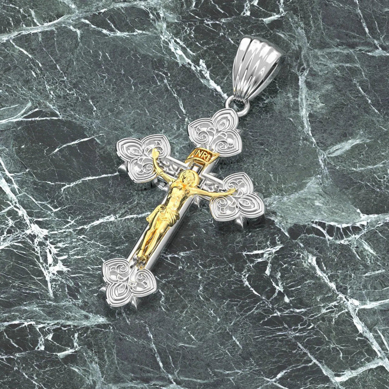 Men's 925 Sterling Silver High Polished Fleur-De-Lis Crucifix Cross Pendant Necklace, 37mm