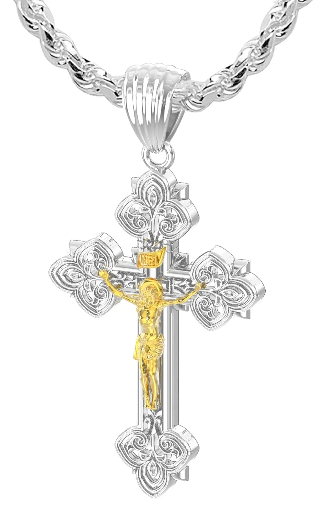 Men's 925 Sterling Silver High Polished Fleur-De-Lis Crucifix Cross Pendant Necklace, 37mm