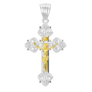 Men's 925 Sterling Silver High Polished Fleur-De-Lis Crucifix Cross Pendant Necklace, 37mm