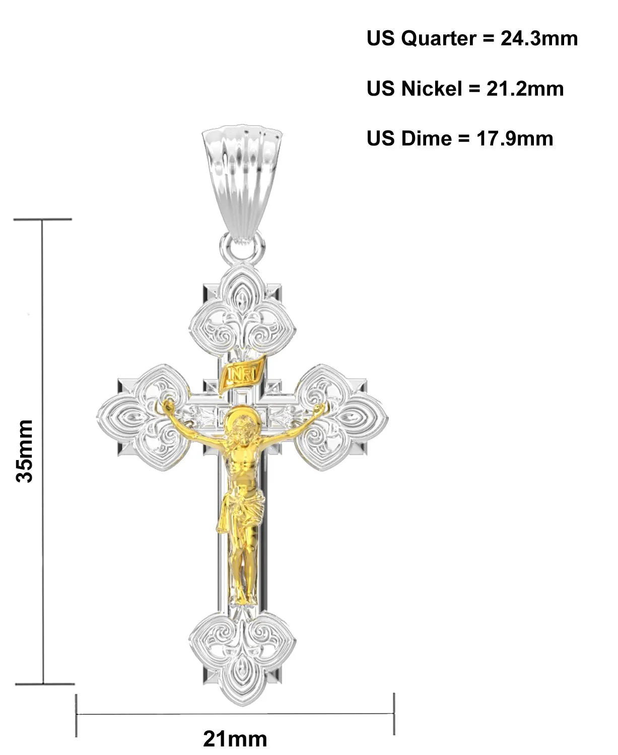 Men's 925 Sterling Silver High Polished Fleur-De-Lis Crucifix Cross Pendant Necklace, 37mm