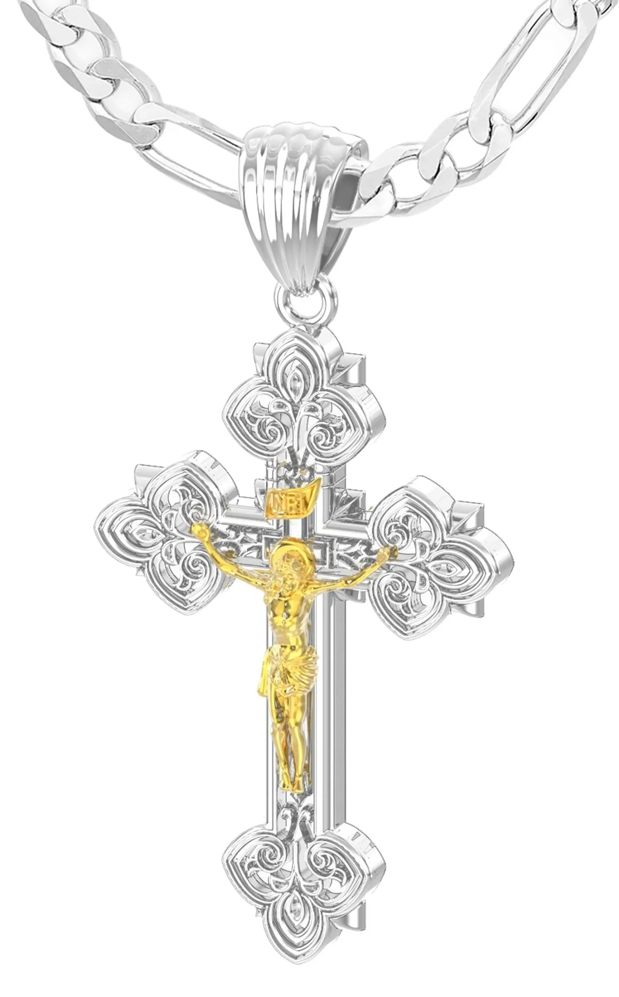 Men's 925 Sterling Silver High Polished Fleur-De-Lis Crucifix Cross Pendant Necklace, 37mm