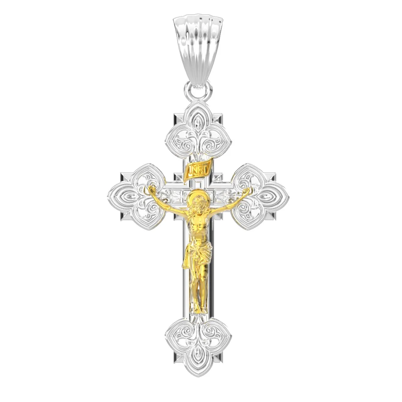 Men's 925 Sterling Silver High Polished Fleur-De-Lis Crucifix Cross Pendant Necklace, 37mm