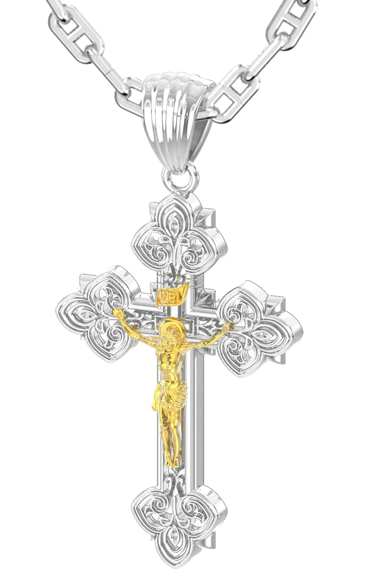 Men's 925 Sterling Silver High Polished Fleur-De-Lis Crucifix Cross Pendant Necklace, 37mm