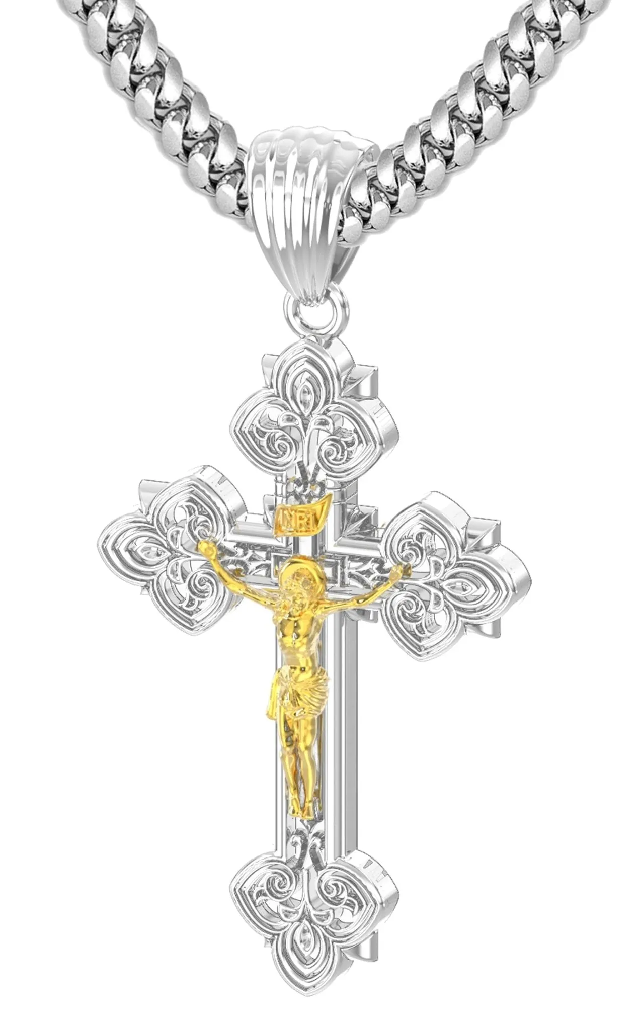 Men's 925 Sterling Silver High Polished Fleur-De-Lis Crucifix Cross Pendant Necklace, 37mm