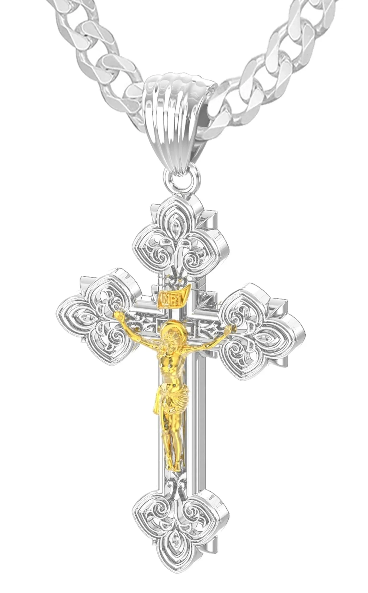 Men's 925 Sterling Silver High Polished Fleur-De-Lis Crucifix Cross Pendant Necklace, 37mm