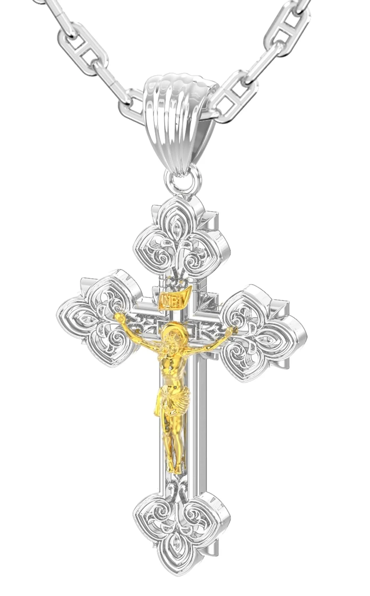 Men's 925 Sterling Silver High Polished Fleur-De-Lis Crucifix Cross Pendant Necklace, 37mm