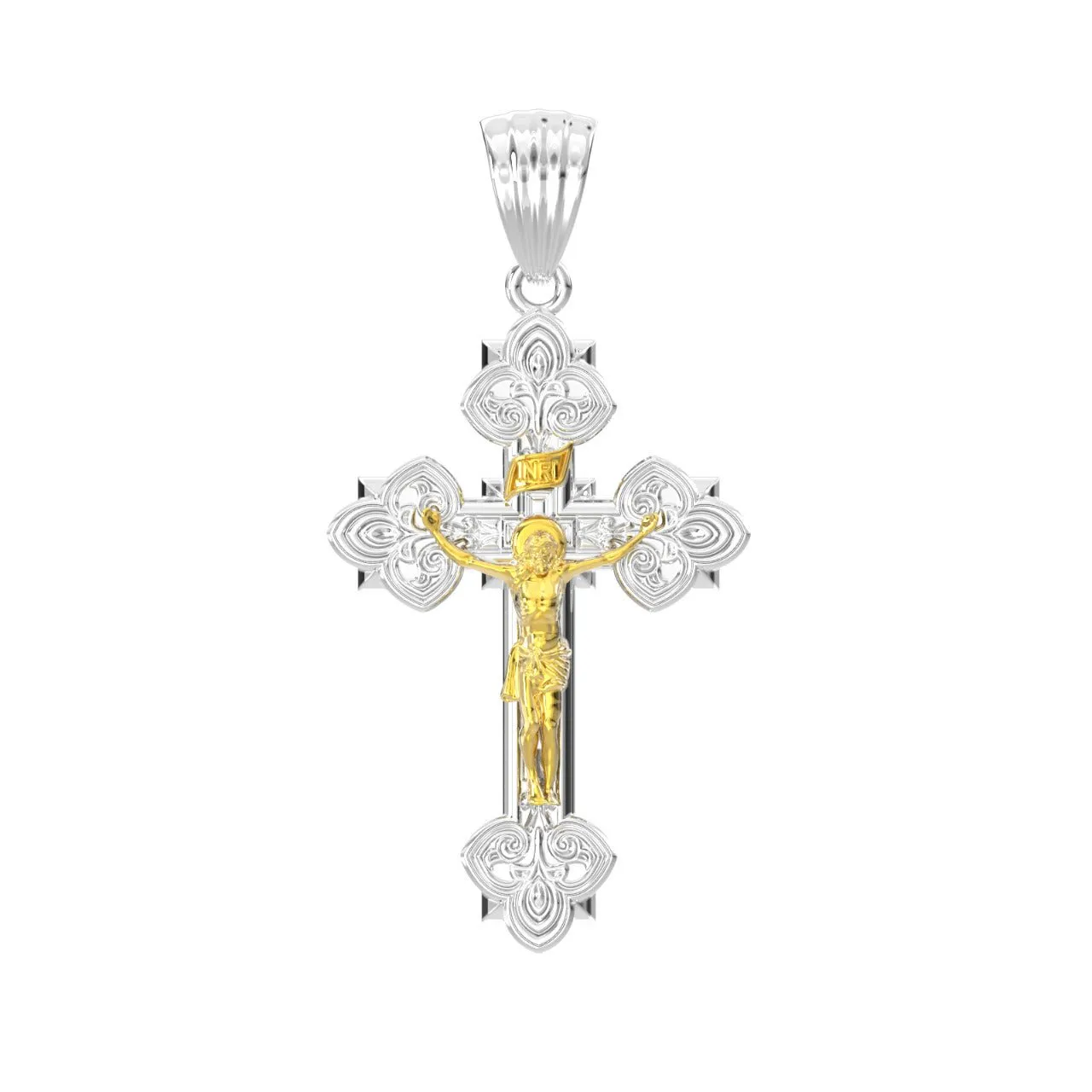 Men's 925 Sterling Silver High Polished Fleur-De-Lis Crucifix Cross Pendant Necklace, 37mm