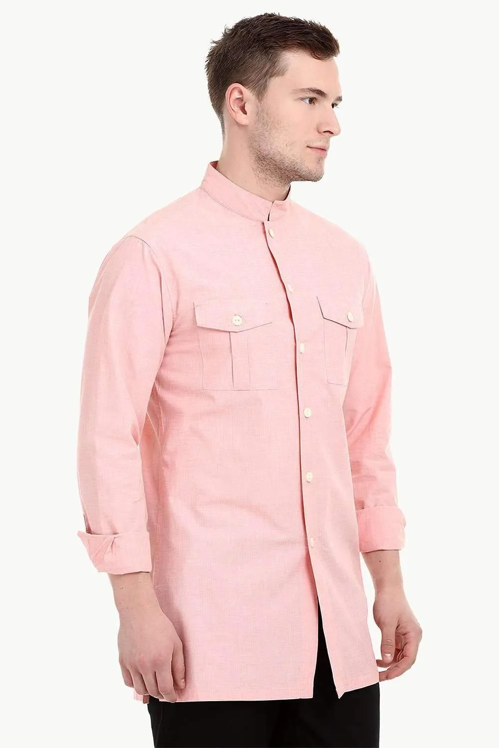 Men's Nehru Collar Short Linen Baby Pink Kurta