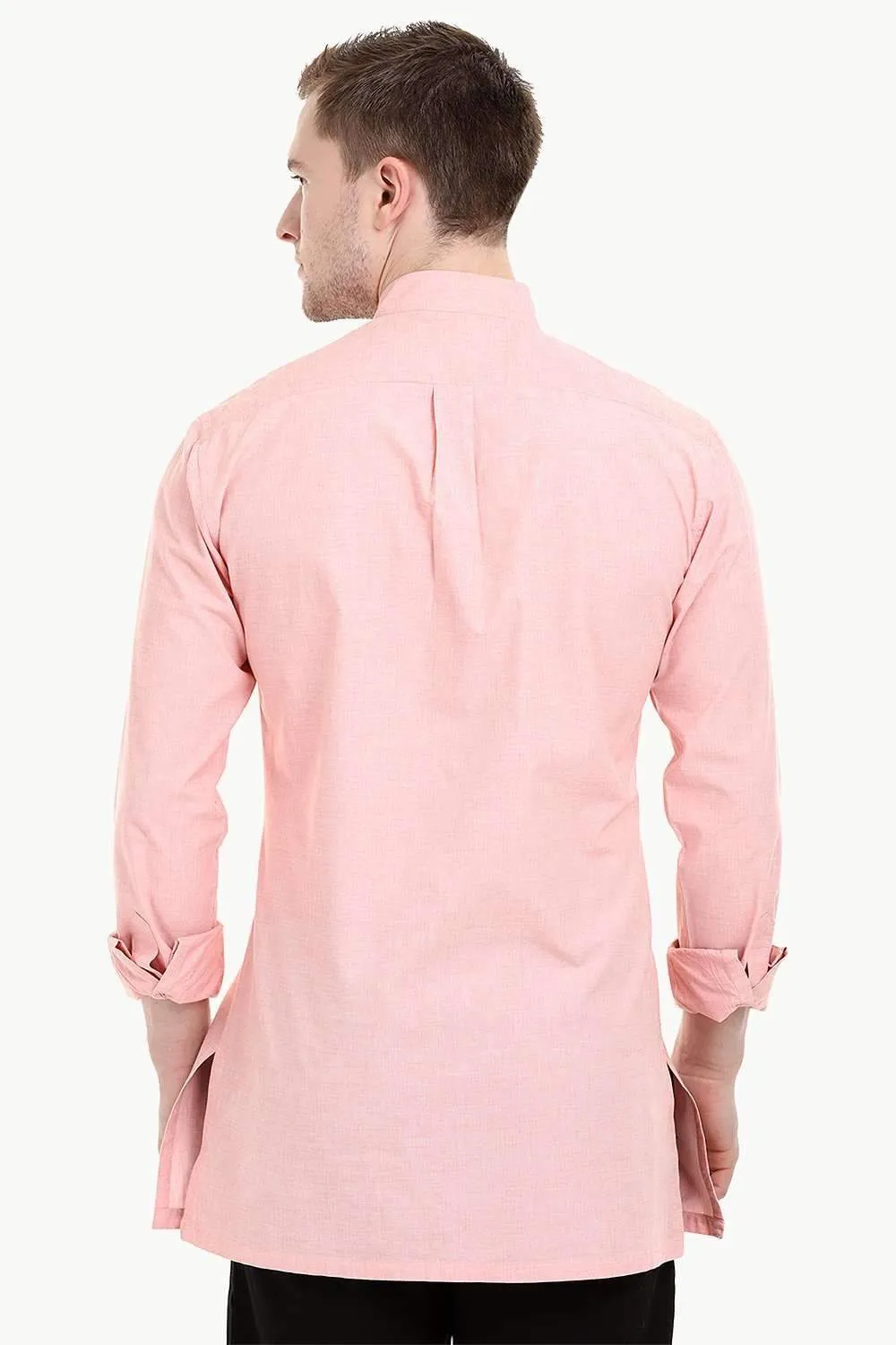Men's Nehru Collar Short Linen Baby Pink Kurta