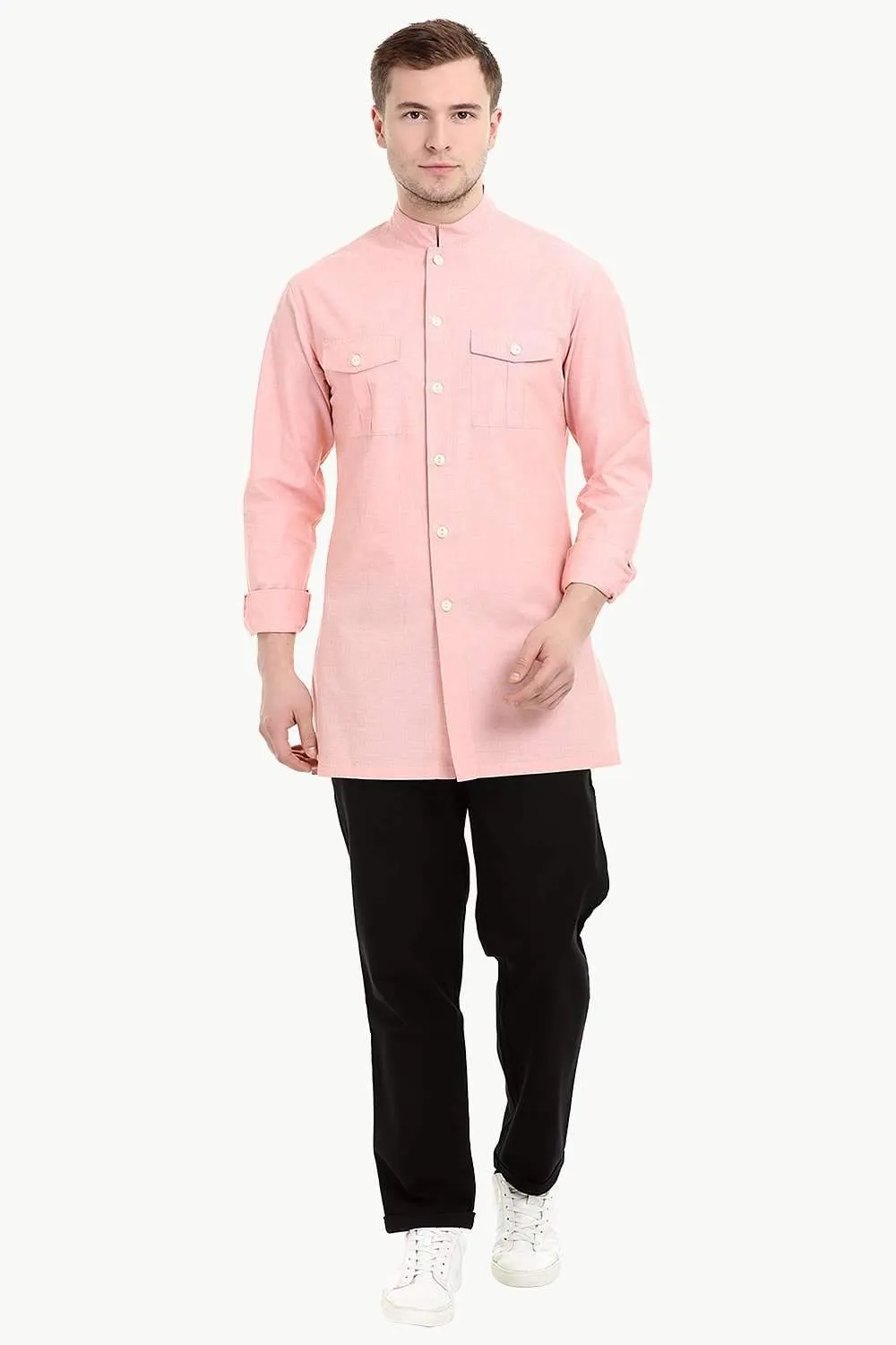 Men's Nehru Collar Short Linen Baby Pink Kurta