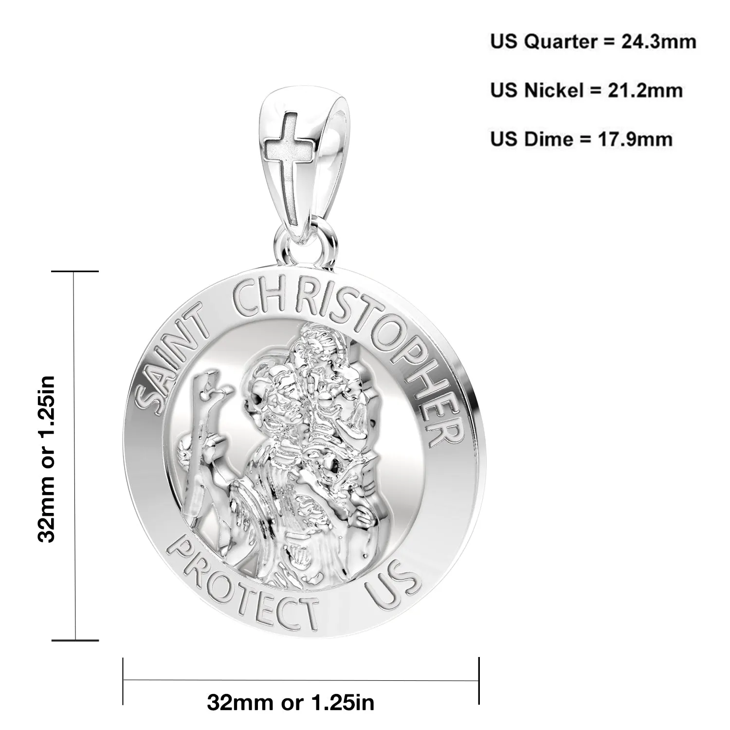 Men's XL 10K or 14K White or Yellow Gold 1.25in St Saint Christopher Medal High Polished Pendant, 32mm