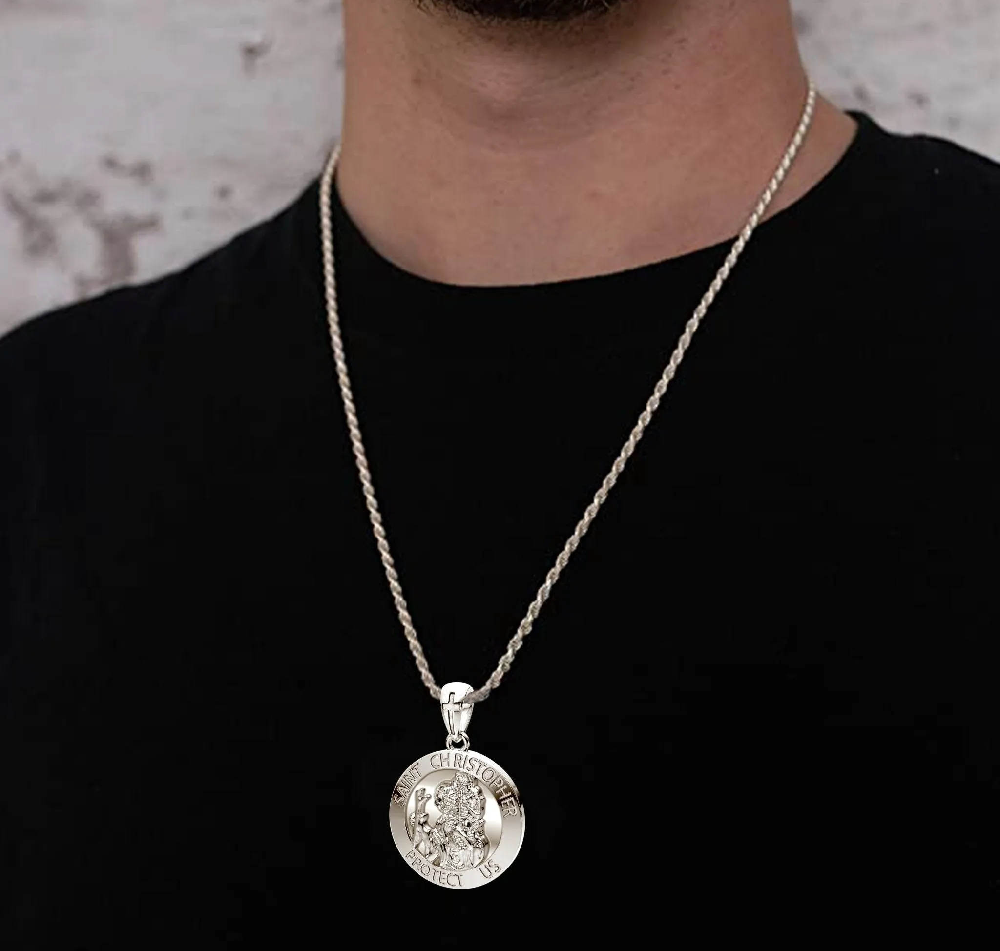 Men's XL 10K or 14K White or Yellow Gold 1.25in St Saint Christopher Medal High Polished Pendant, 32mm