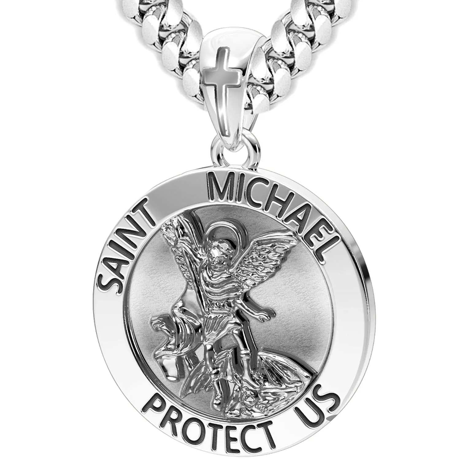 Men's XL 925 Sterling Silver 1.25in St Saint Michael Medal Antique Finish Round Pendant Necklace, 32mm