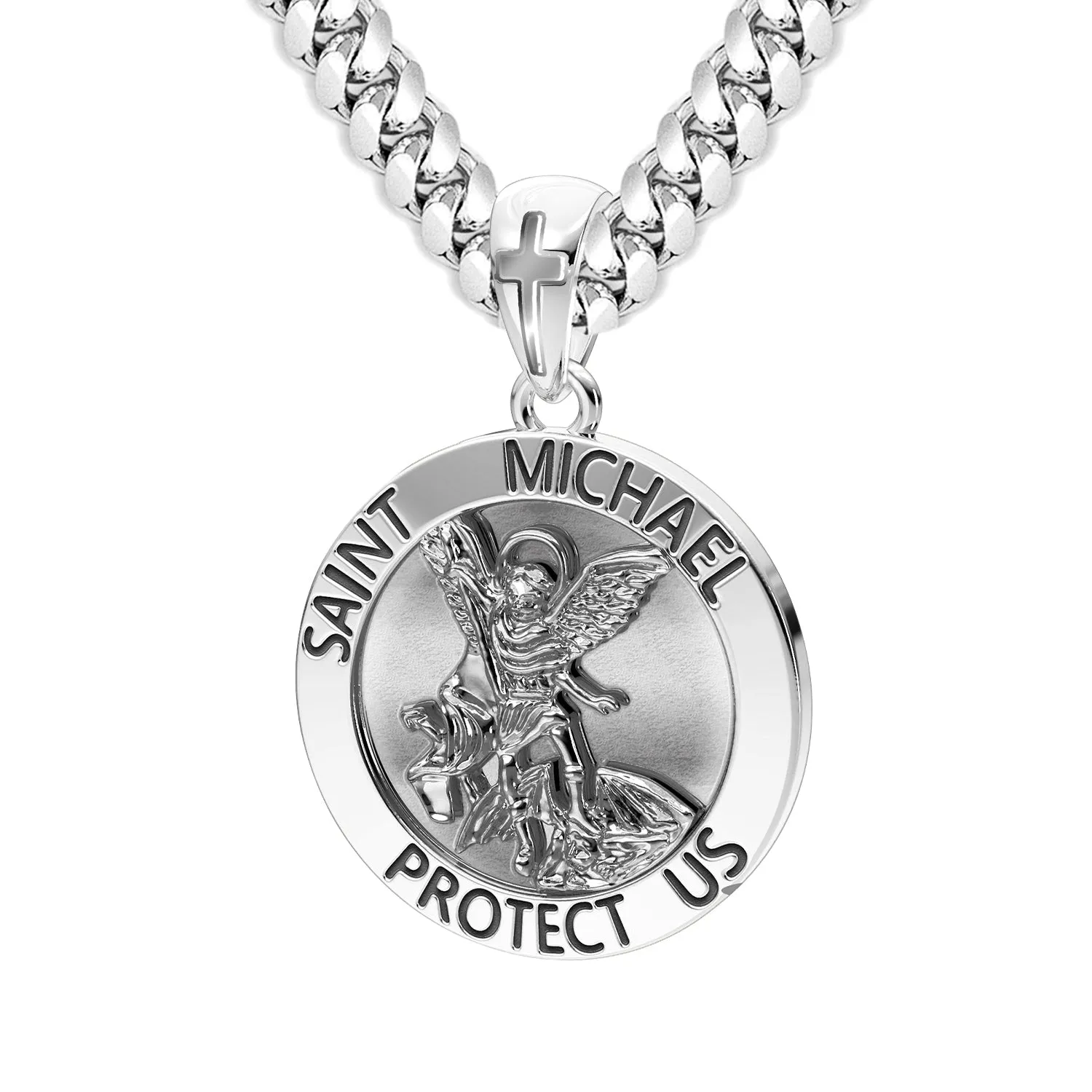 Men's XL 925 Sterling Silver 1.25in St Saint Michael Medal Antique Finish Round Pendant Necklace, 32mm