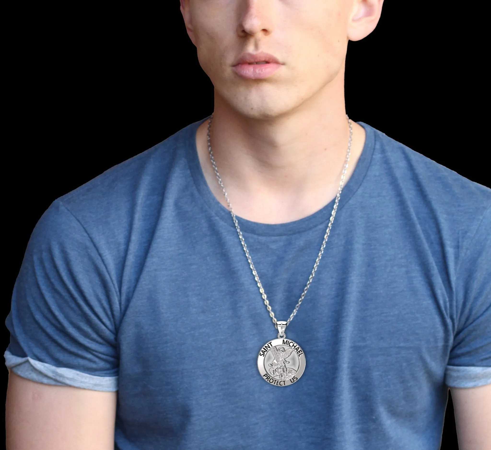 Men's XL 925 Sterling Silver 1.25in St Saint Michael Medal Antique Finish Round Pendant Necklace, 32mm