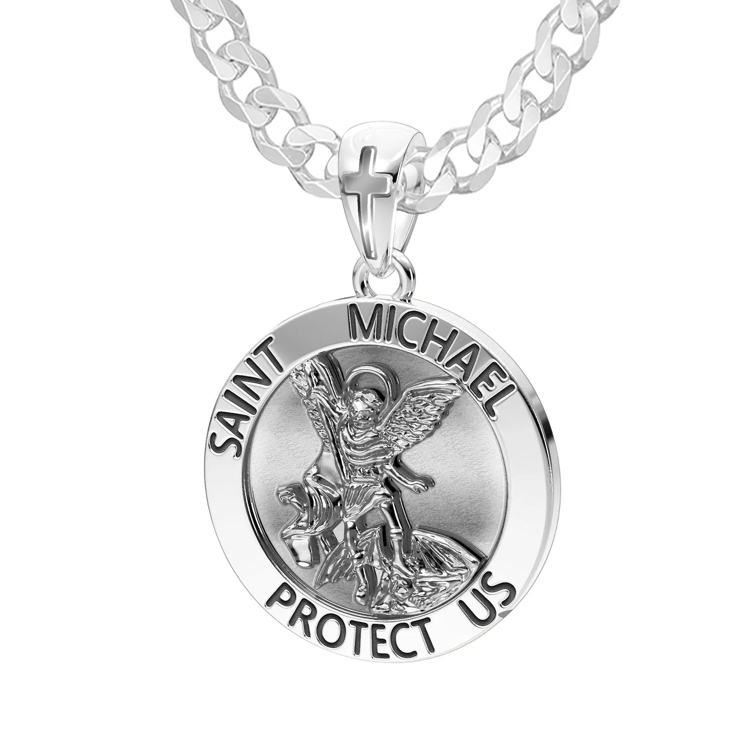 Men's XL 925 Sterling Silver 1.25in St Saint Michael Medal Antique Finish Round Pendant Necklace, 32mm