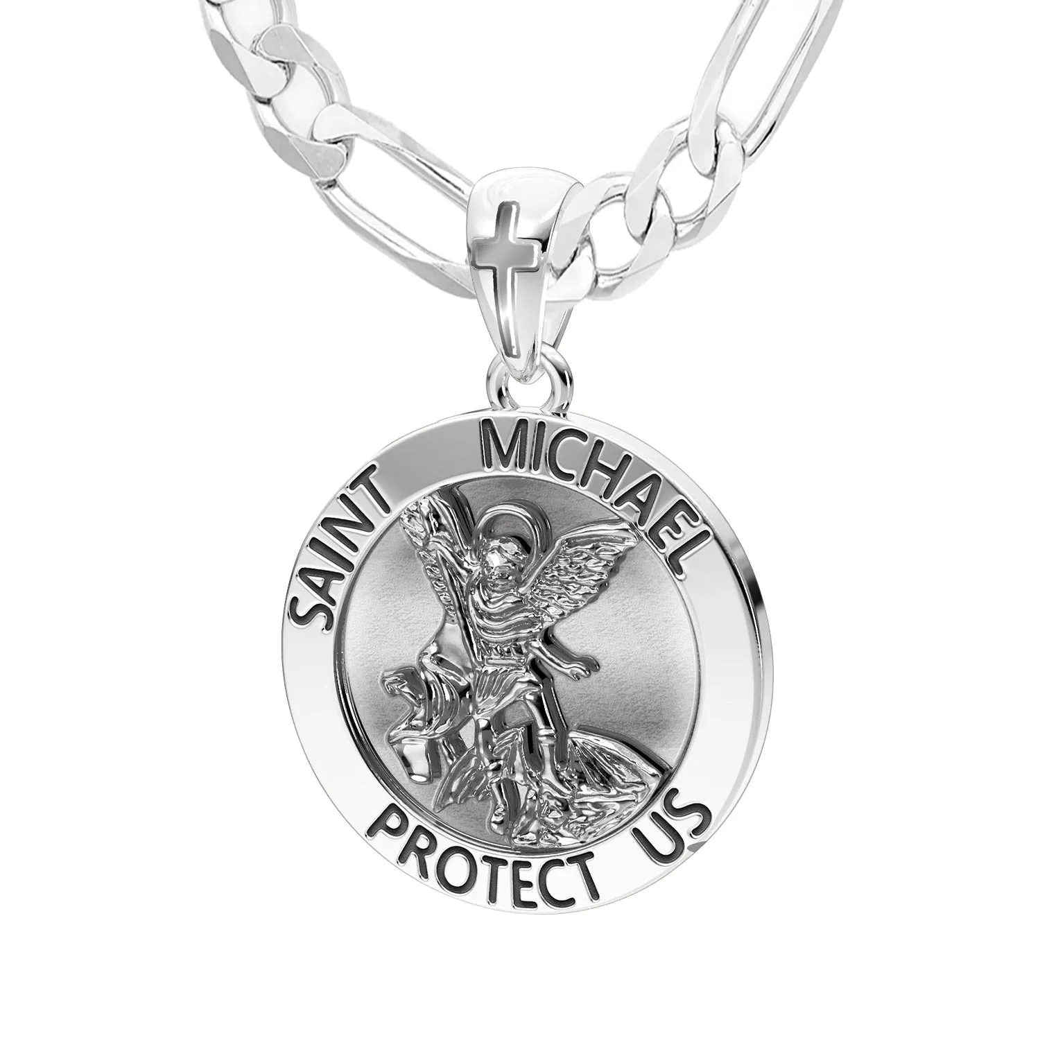 Men's XL 925 Sterling Silver 1.25in St Saint Michael Medal Antique Finish Round Pendant Necklace, 32mm
