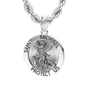Men's XL 925 Sterling Silver 1.25in St Saint Michael Medal Antique Finish Round Pendant Necklace, 32mm