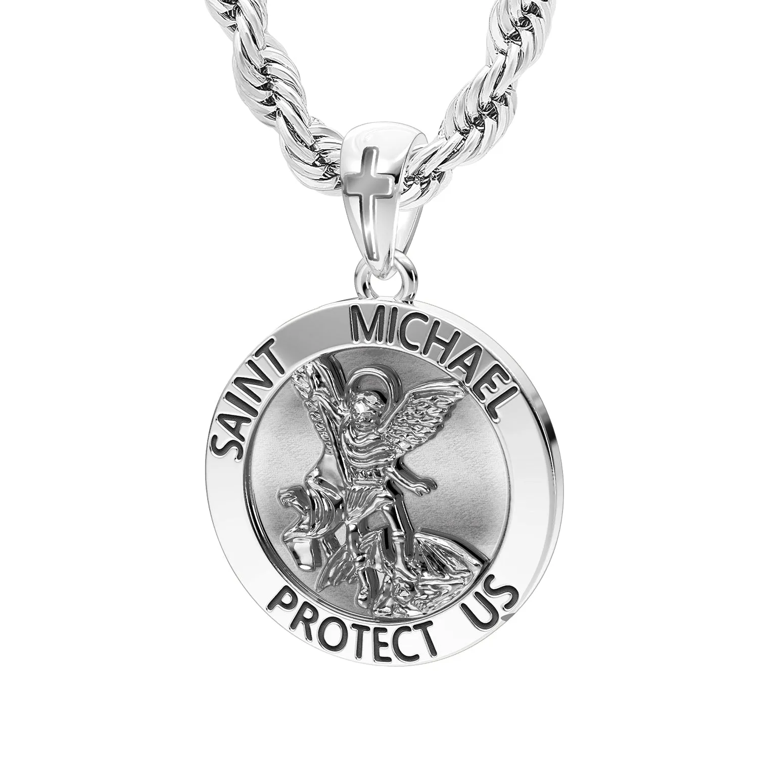 Men's XL 925 Sterling Silver 1.25in St Saint Michael Medal Antique Finish Round Pendant Necklace, 32mm