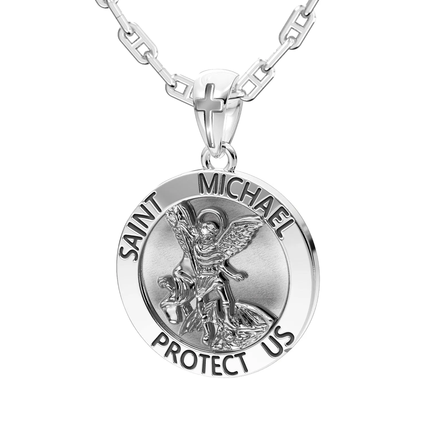 Men's XL 925 Sterling Silver 1.25in St Saint Michael Medal Antique Finish Round Pendant Necklace, 32mm