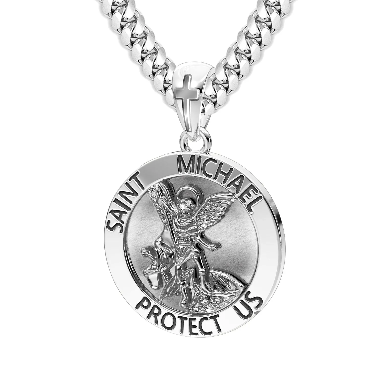 Men's XL 925 Sterling Silver 1.25in St Saint Michael Medal Antique Finish Round Pendant Necklace, 32mm