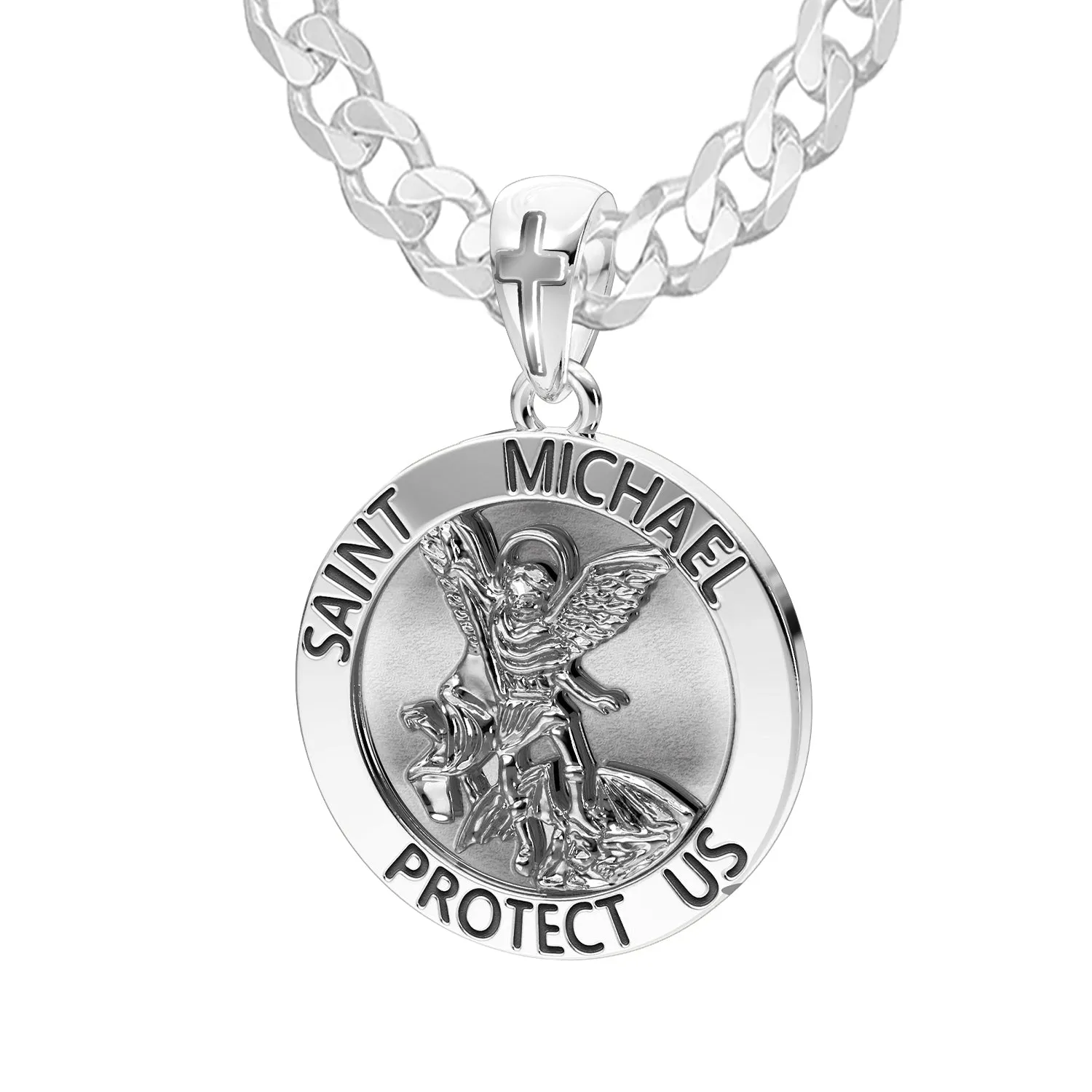Men's XL 925 Sterling Silver 1.25in St Saint Michael Medal Antique Finish Round Pendant Necklace, 32mm