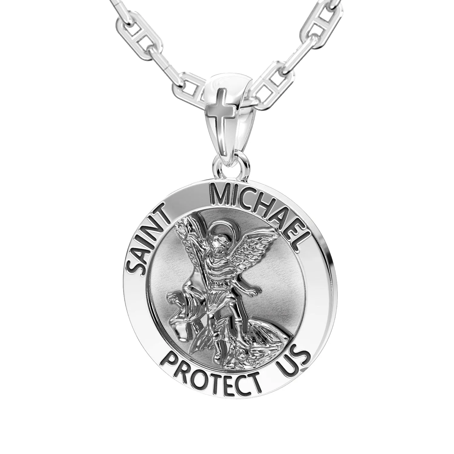 Men's XL 925 Sterling Silver 1.25in St Saint Michael Medal Antique Finish Round Pendant Necklace, 32mm