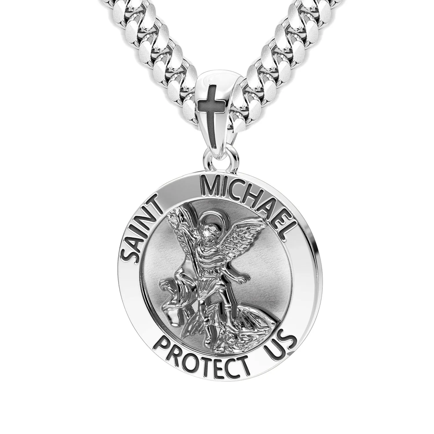 Men's XL 925 Sterling Silver 1.25in St Saint Michael Medal Antique Finish Round Pendant Necklace, 32mm