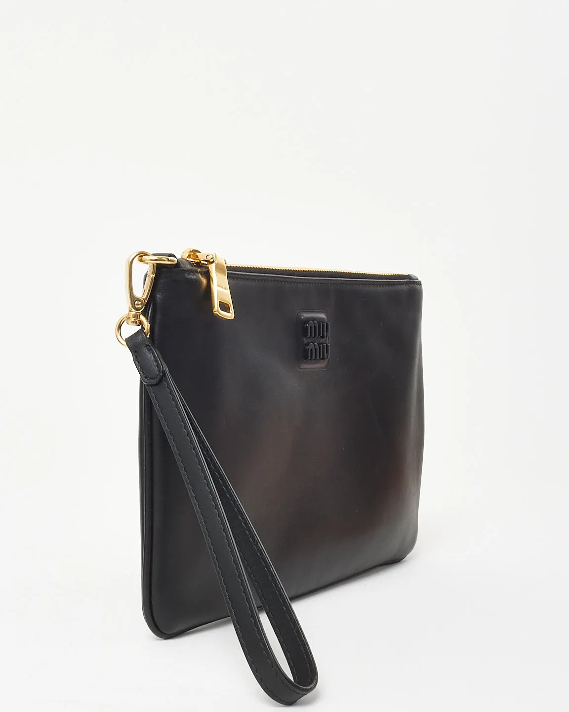 Miu Miu Black Leather Logo Wristlet Pouch