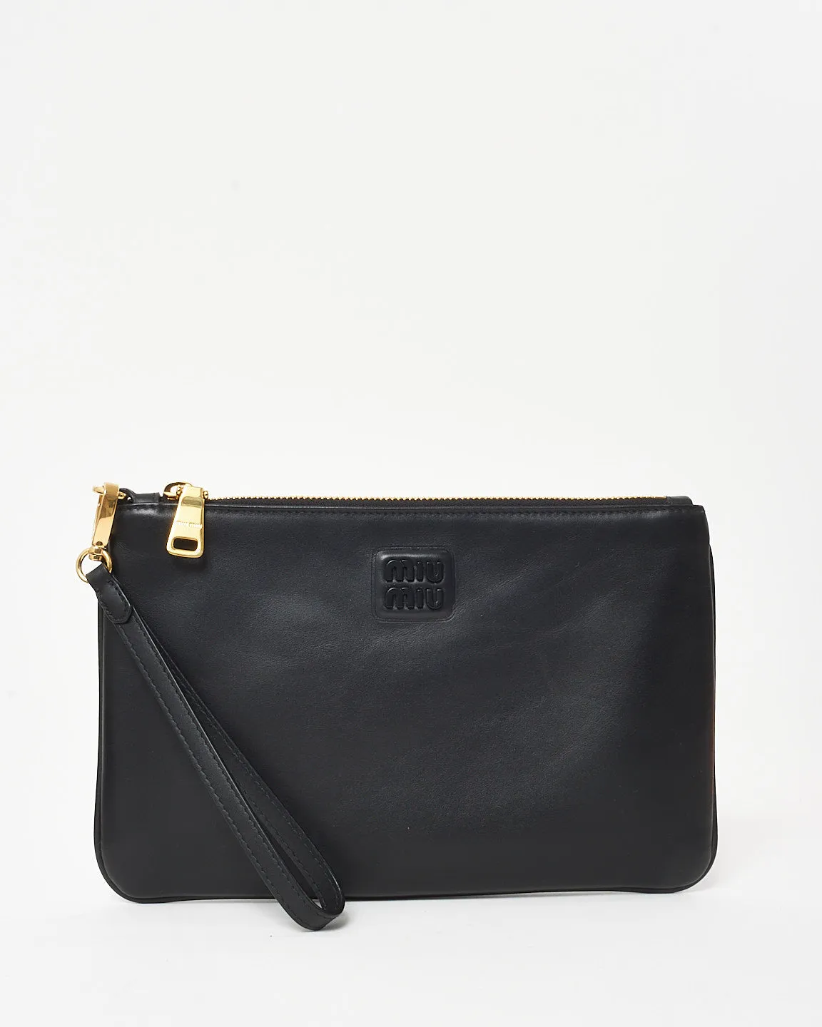 Miu Miu Black Leather Logo Wristlet Pouch