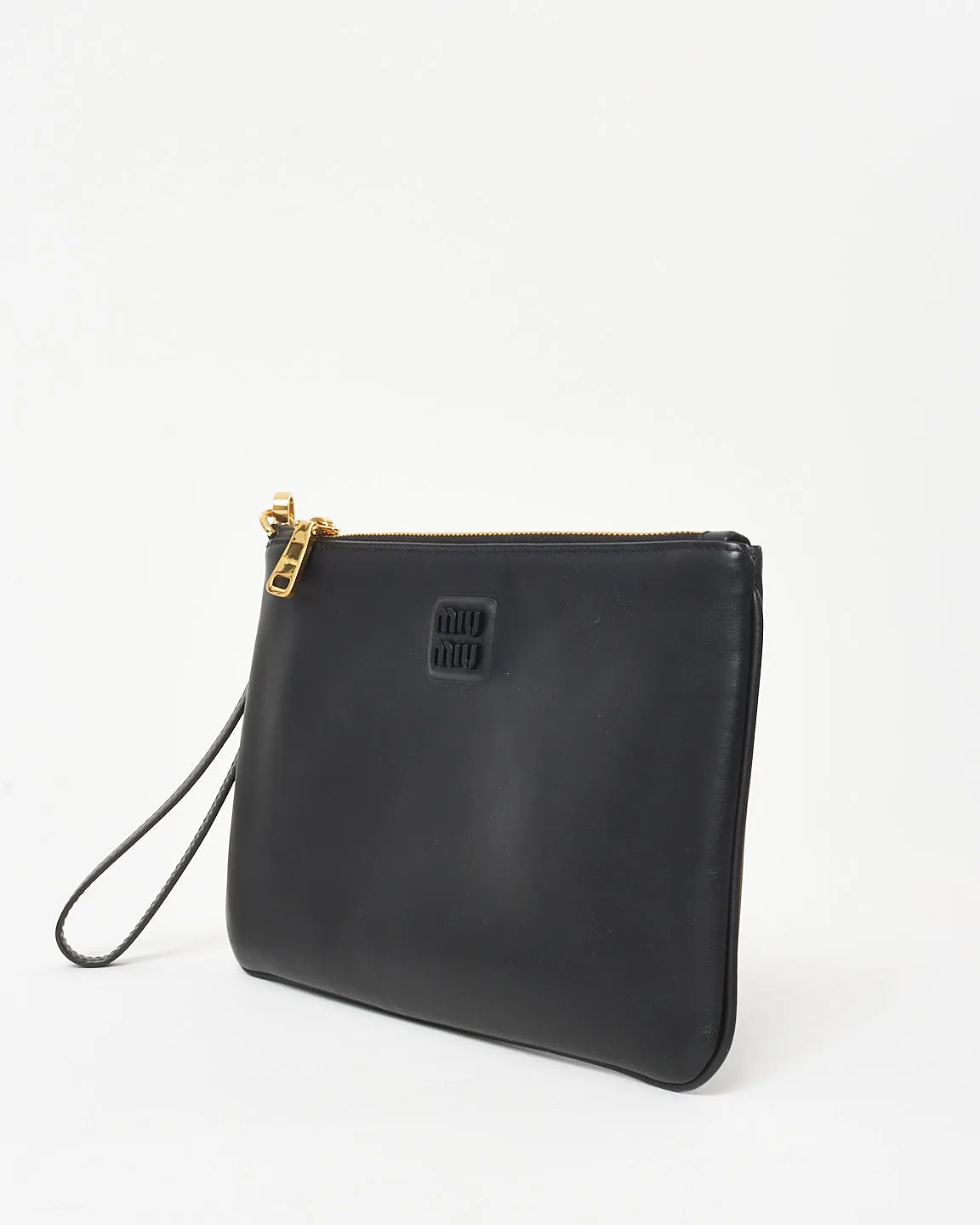 Miu Miu Black Leather Logo Wristlet Pouch