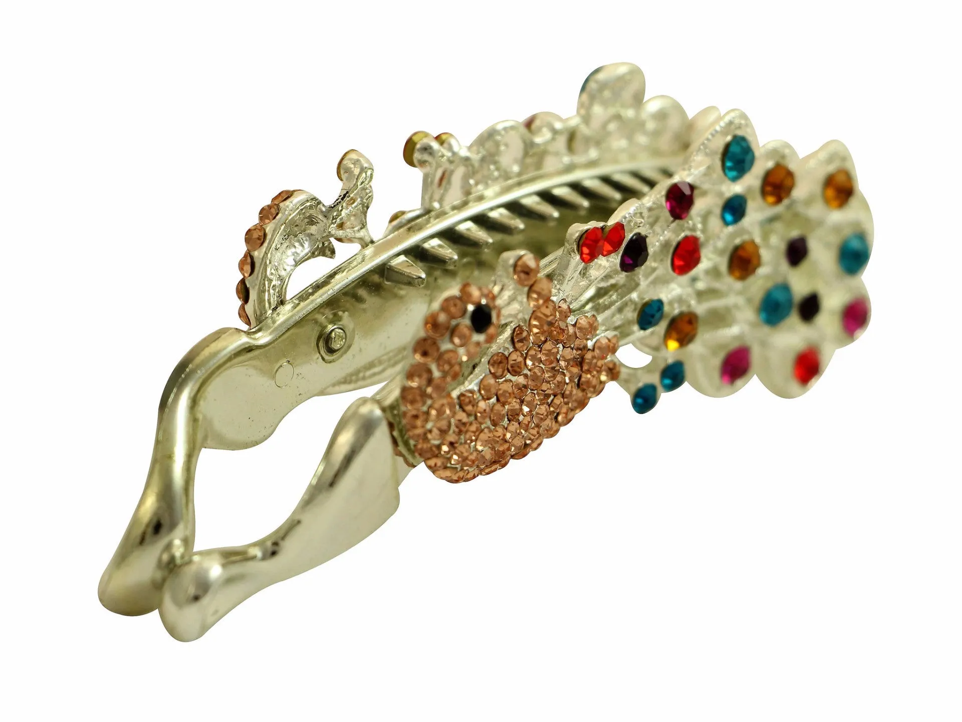 Multi color peacock on an antique silver metal color banana clip