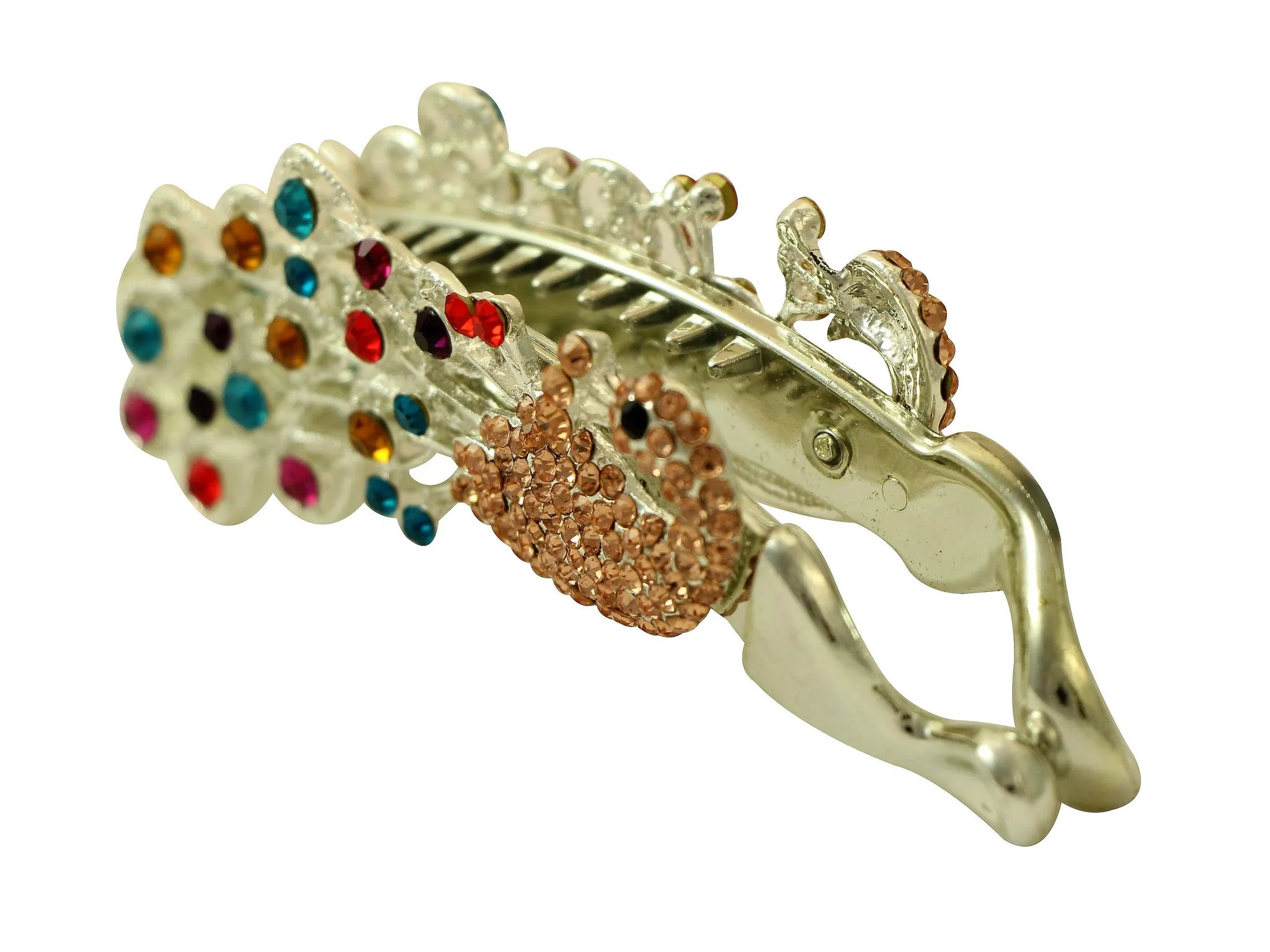 Multi color peacock on an antique silver metal color banana clip
