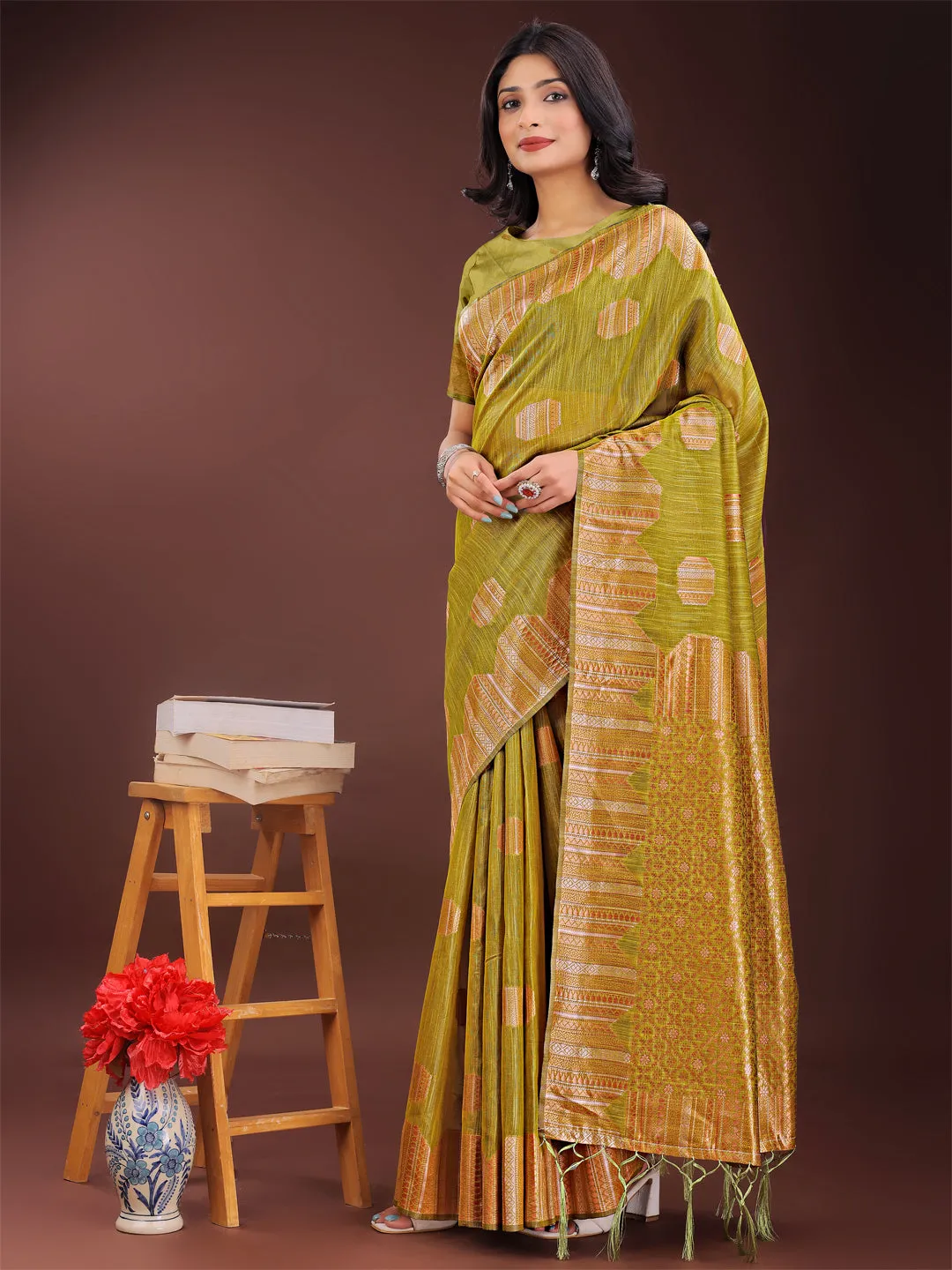 Mustard Yellow Linen Cotton Saree