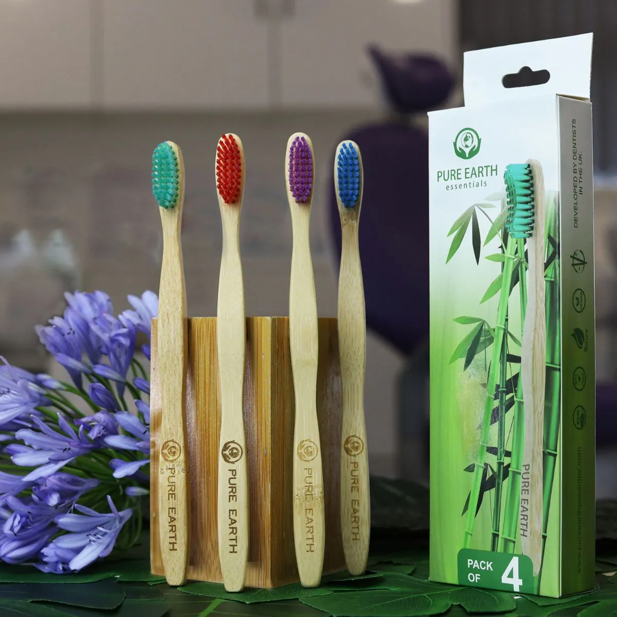 Natural Bamboo Adult Toothbrushes - Pack of 4
