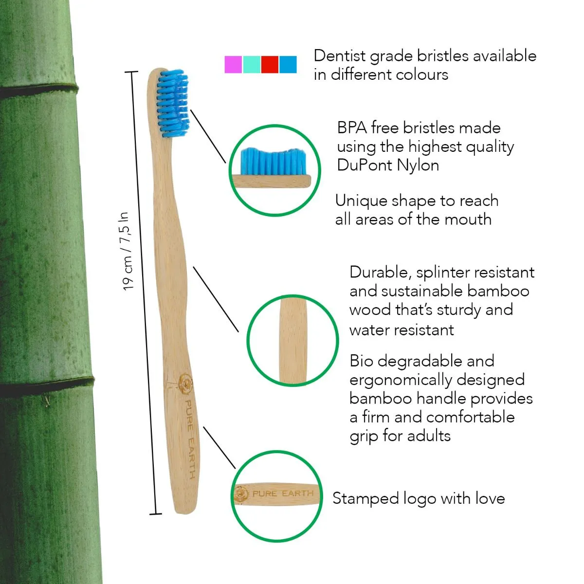 Natural Bamboo Adult Toothbrushes - Pack of 4