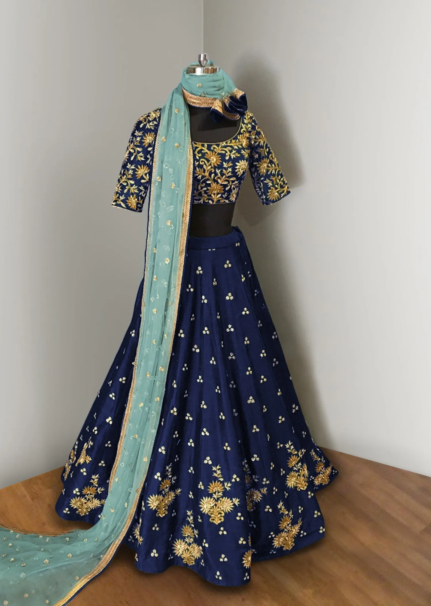 Navy Blue Color Lehenga Choli with Light Blue Dupatta