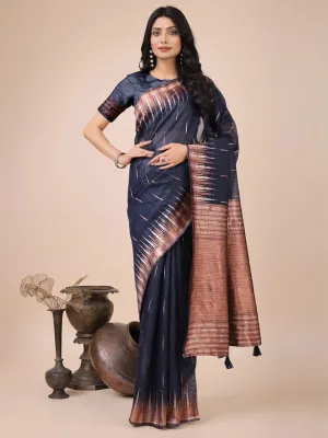 Navy Blue Linen Cotton Saree