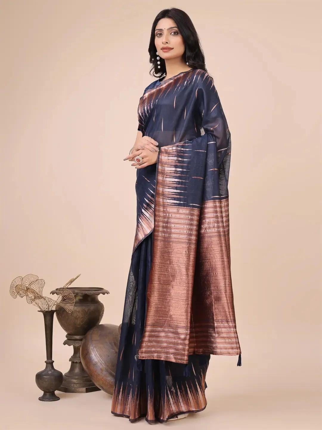 Navy Blue Linen Cotton Saree