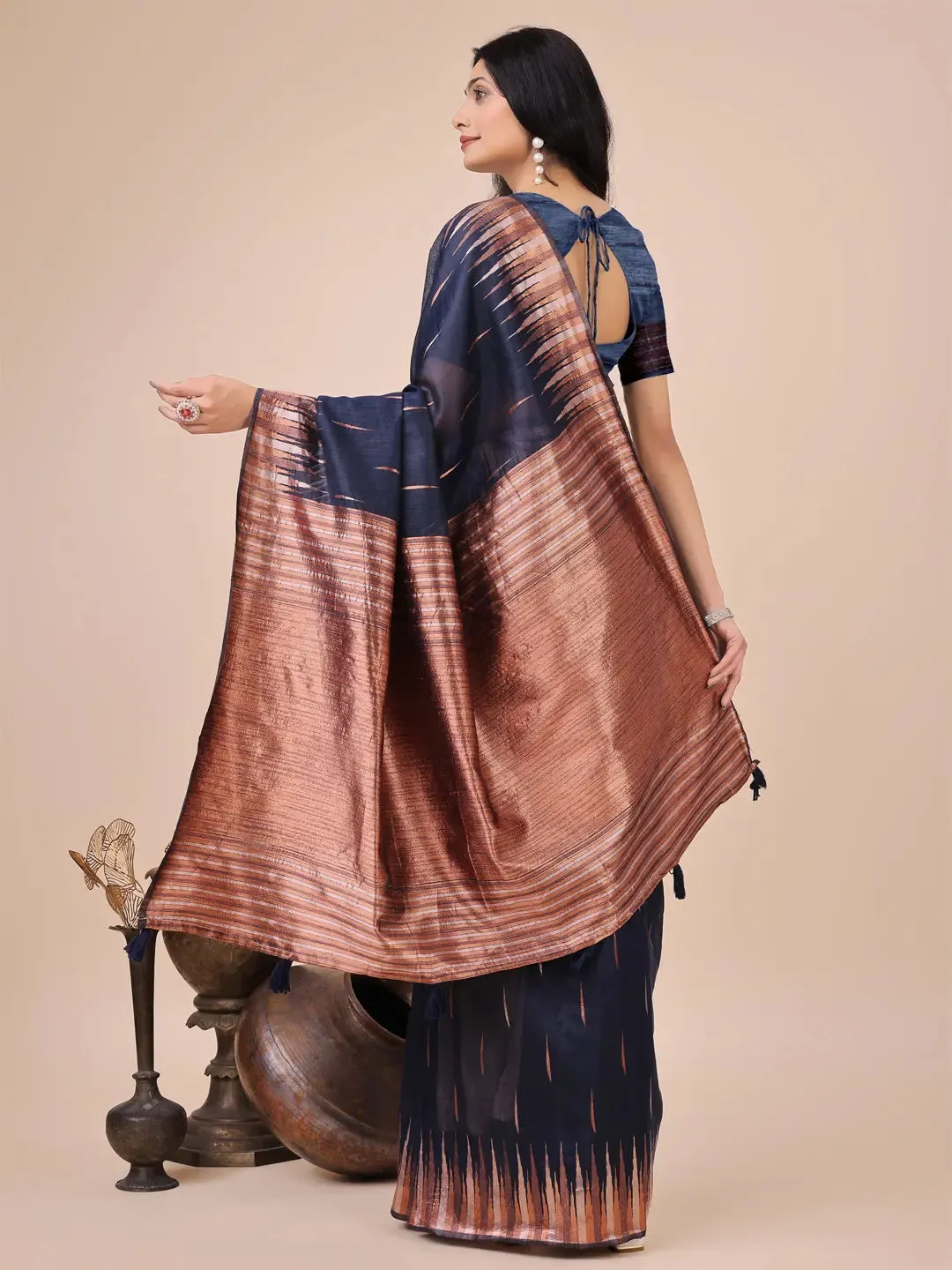 Navy Blue Linen Cotton Saree