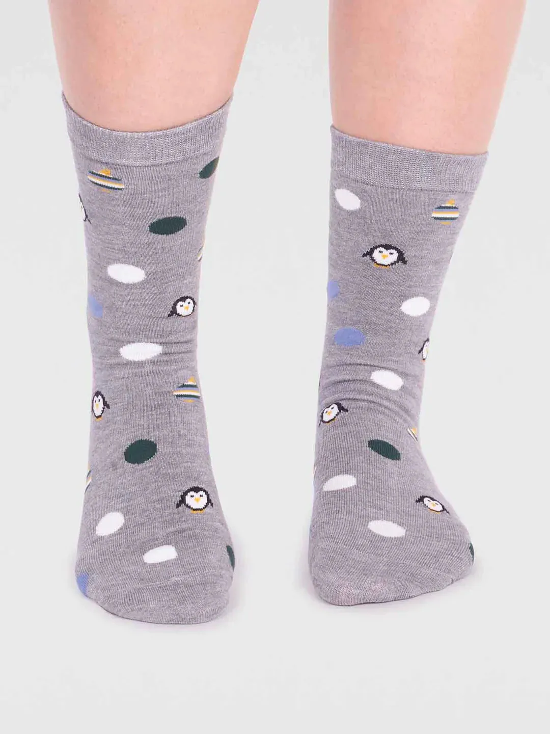 Neva Bamboo Penguin Socks in Grey Marle by Thought, Size 4-7