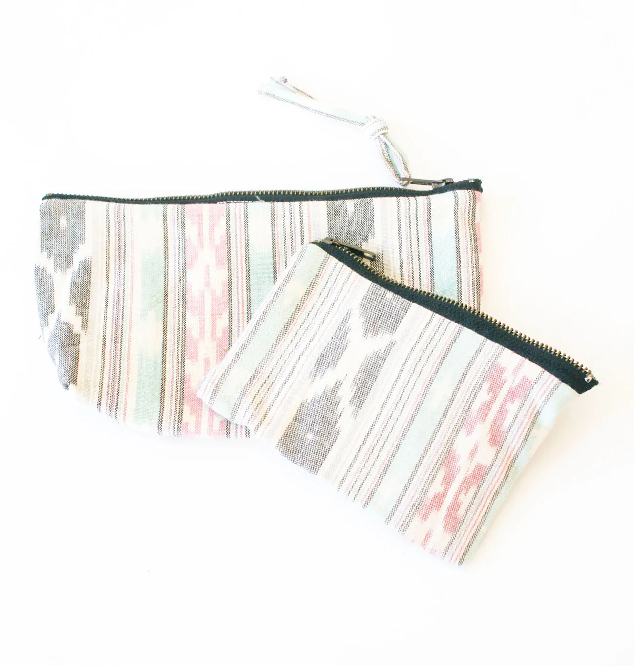 Pastel Pink and Blue Stripe Cotton Ikat Zipper Pouch Set