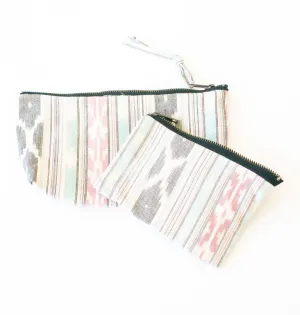Pastel Pink and Blue Stripe Cotton Ikat Zipper Pouch Set