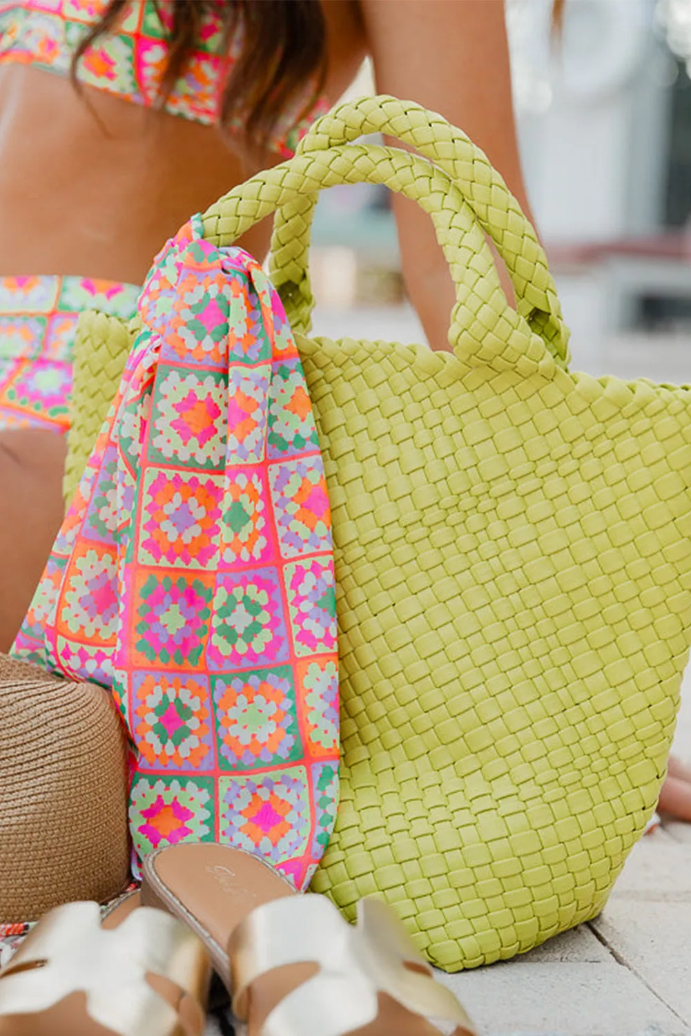 Pear Green Woven Hand Bag with Pouch