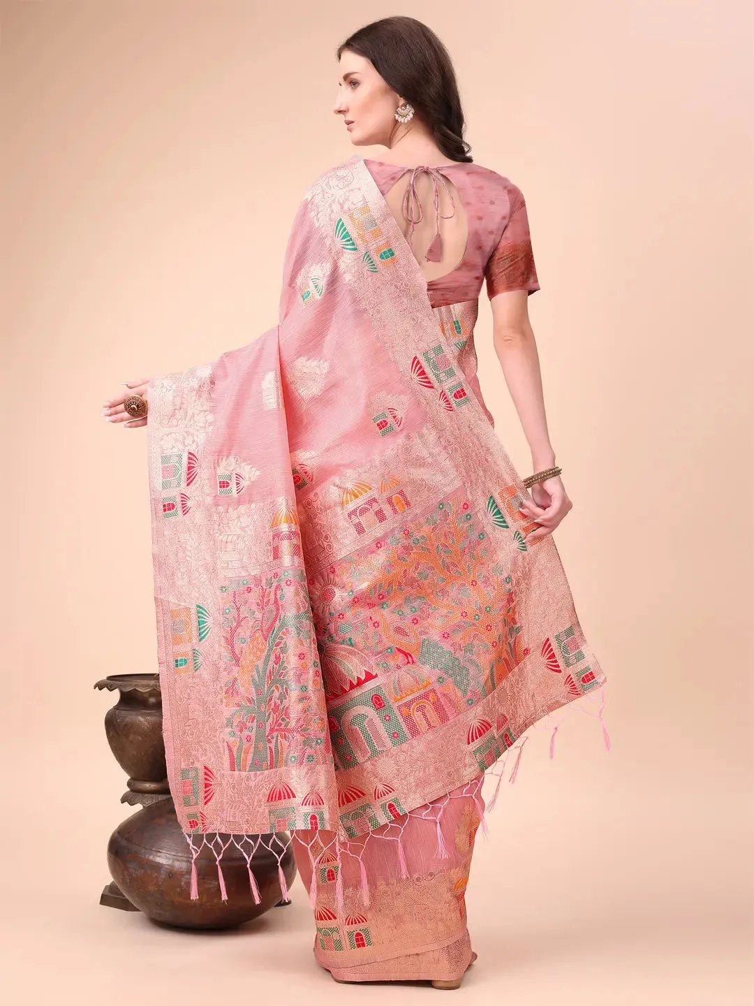Pink Linen Cotton Saree