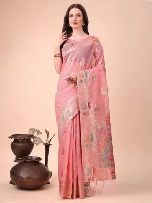 Pink Linen Cotton Saree