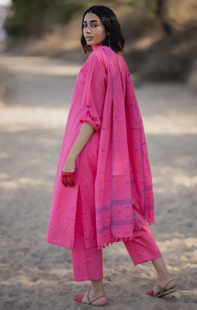 Pink Mulmul Kurta Set with Dupatta