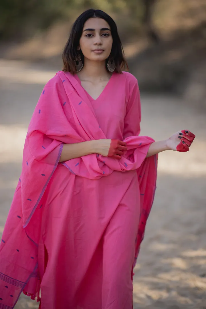 Pink Mulmul Kurta Set with Dupatta